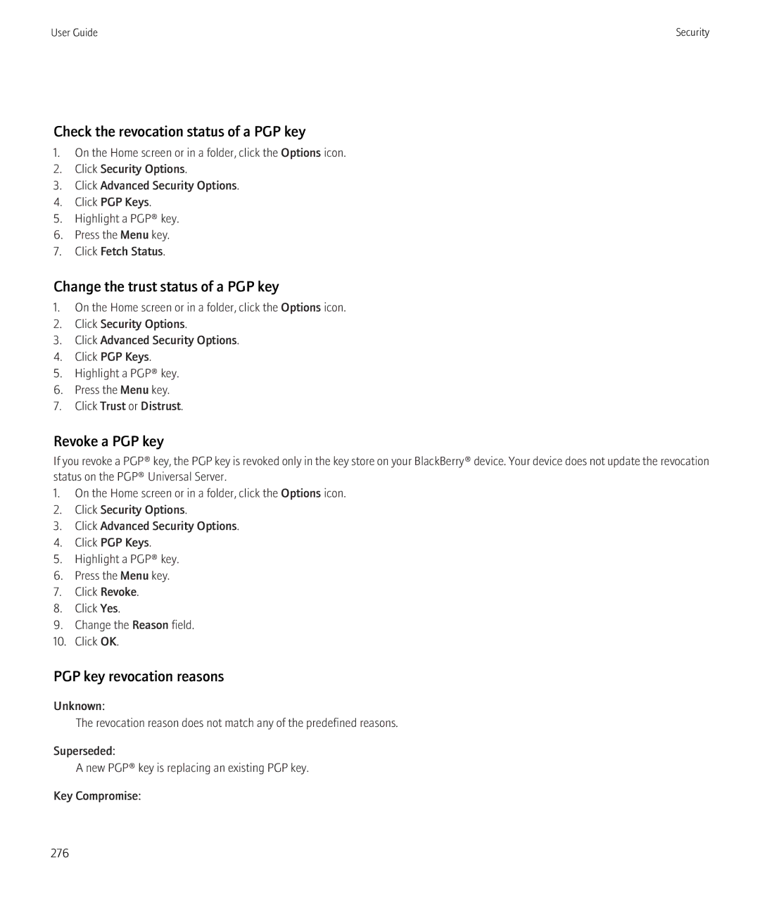 Blackberry 9300 Version: 5.0 manual Check the revocation status of a PGP key, Change the trust status of a PGP key 