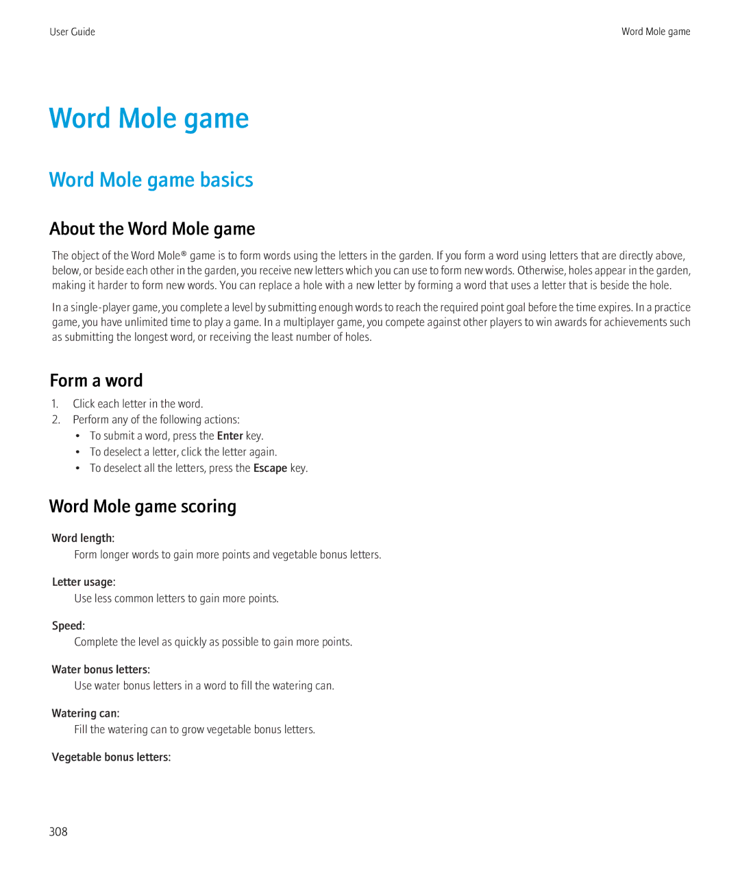 Blackberry 9300 Version: 5.0 Word Mole game basics, About the Word Mole game, Form a word, Word Mole game scoring 