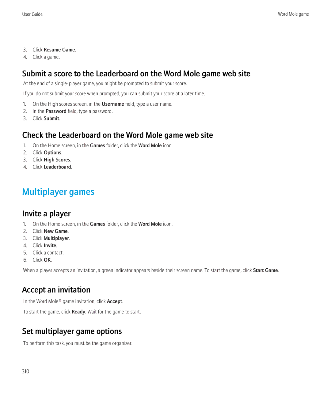 Blackberry 9300 Version: 5.0 Multiplayer games, Check the Leaderboard on the Word Mole game web site, Invite a player 