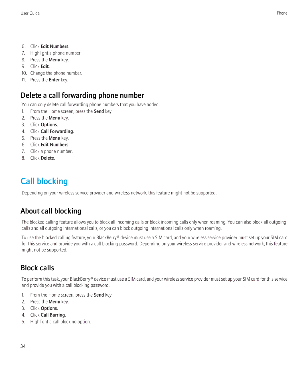 Blackberry 9300 Version: 5.0 manual Call blocking, Delete a call forwarding phone number, About call blocking, Block calls 