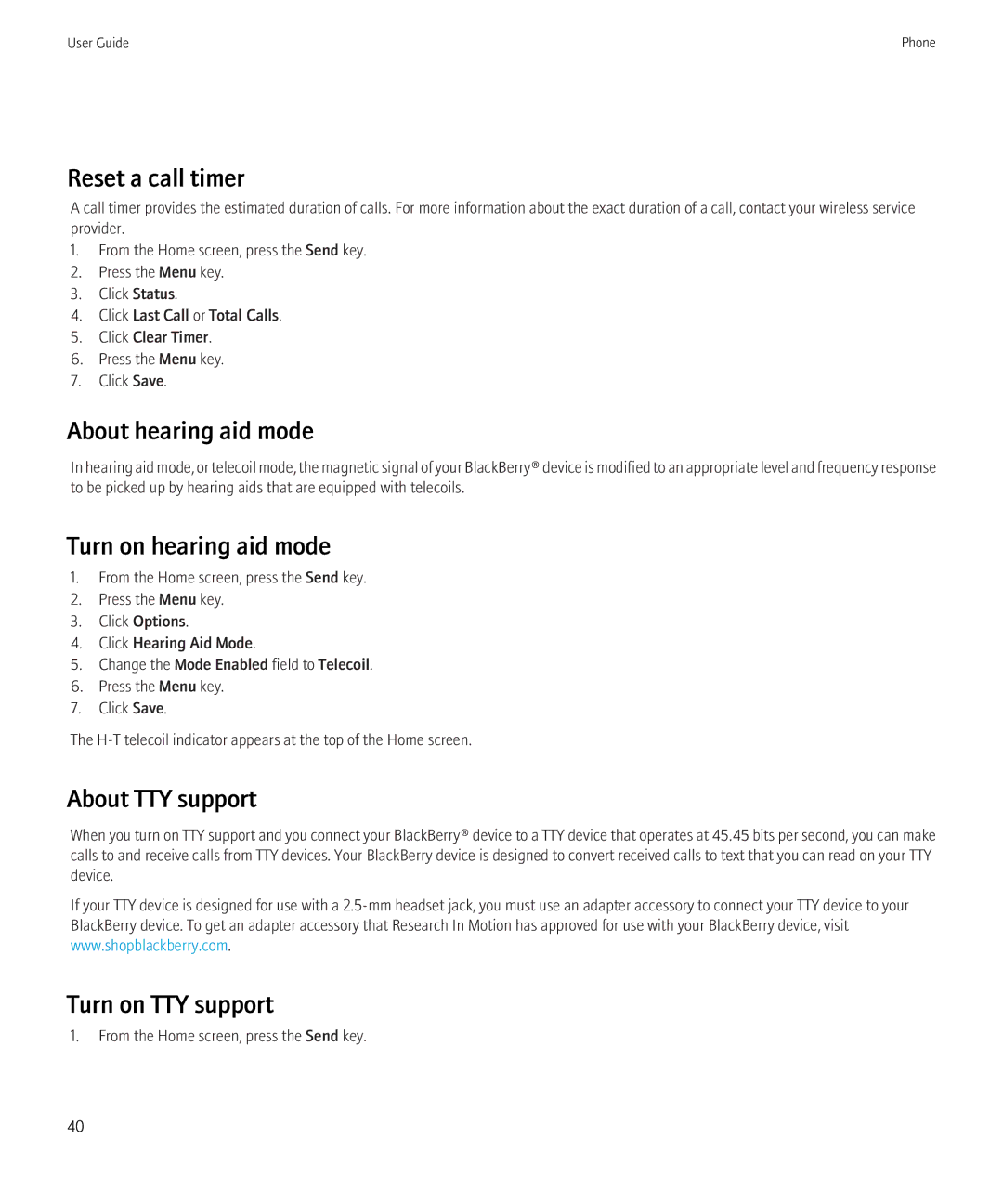 Blackberry 9300 Version: 5.0 manual Reset a call timer, About hearing aid mode, Turn on hearing aid mode, About TTY support 