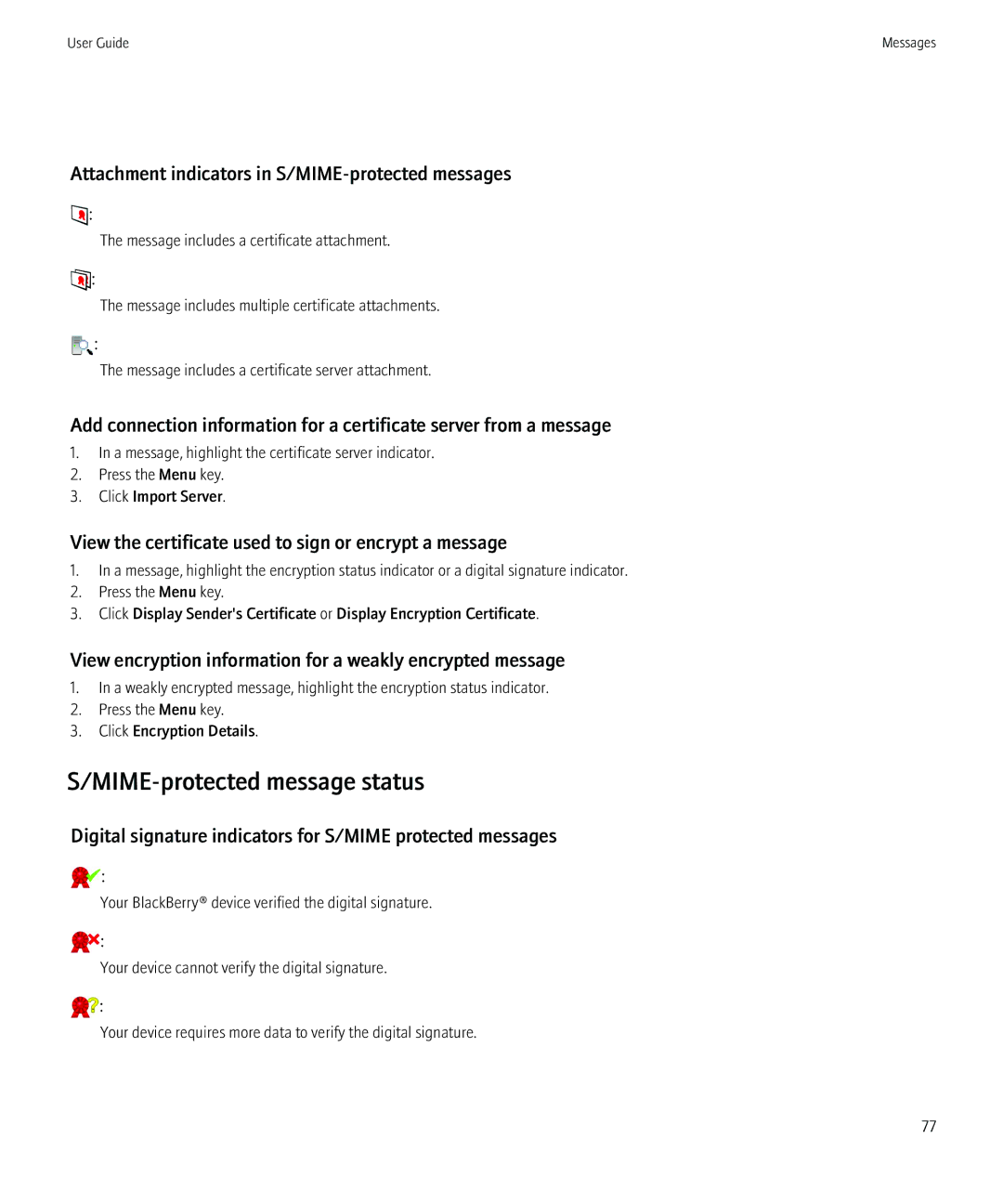 Blackberry 9300 Version: 5.0 manual MIME-protected message status, Attachment indicators in S/MIME-protected messages 