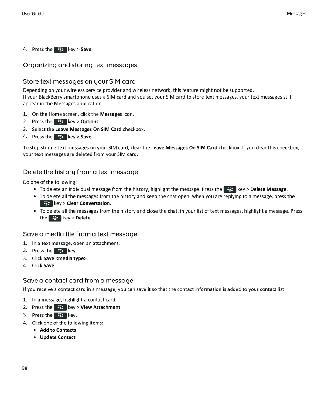 Blackberry 9350, 9360, 9370 manual Delete the history from a text message, Save a media file from a text message 