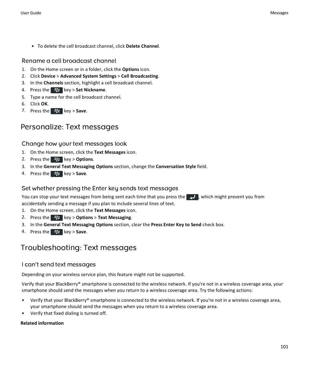 Blackberry 9350, 9360, 9370 manual Personalize Text messages, Troubleshooting Text messages, Rename a cell broadcast channel 