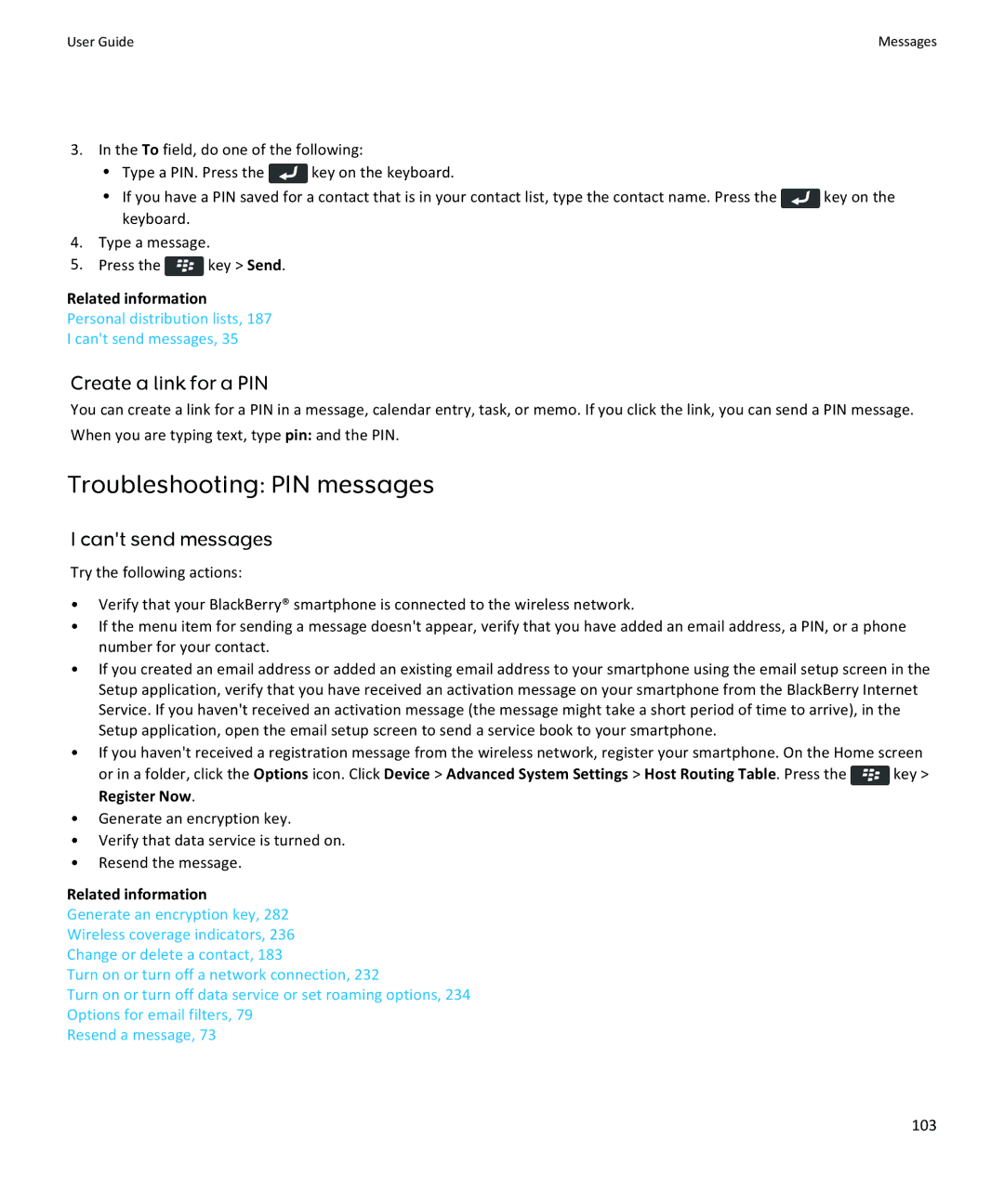 Blackberry 9360, 9350, 9370 manual Troubleshooting PIN messages, Create a link for a PIN, 103 