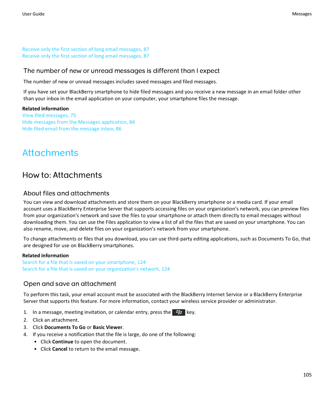 Blackberry 9370, 9360, 9350 manual How to Attachments, About files and attachments, Open and save an attachment 