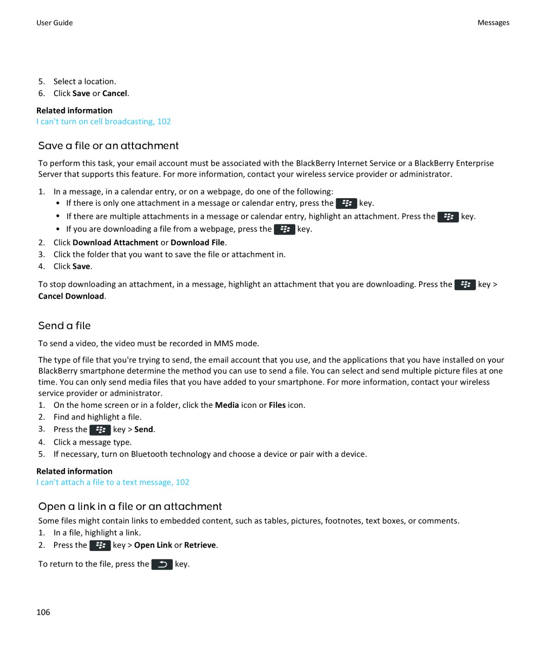 Blackberry 9360, 9350, 9370 manual Save a file or an attachment, Send a file, Open a link in a file or an attachment 