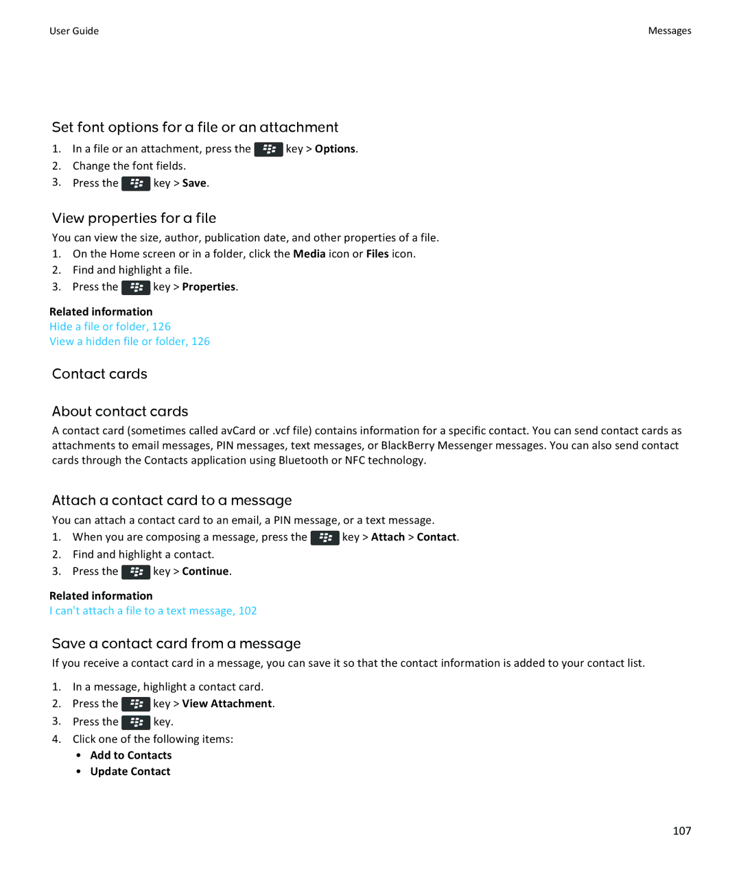 Blackberry 9350, 9360, 9370 manual Set font options for a file or an attachment, View properties for a file, 107 