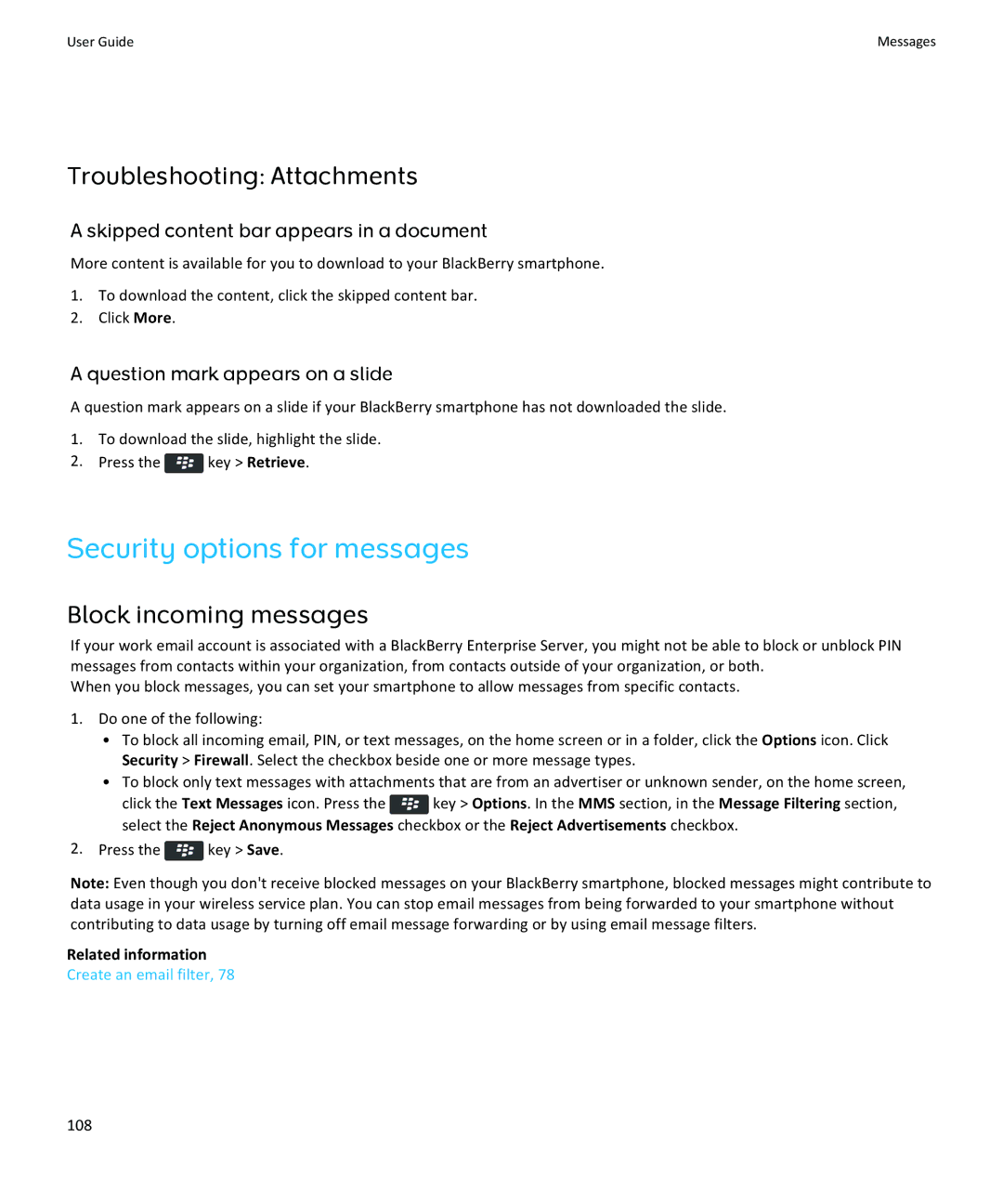 Blackberry 9370, 9360, 9350 manual Security options for messages, Troubleshooting Attachments, Block incoming messages 