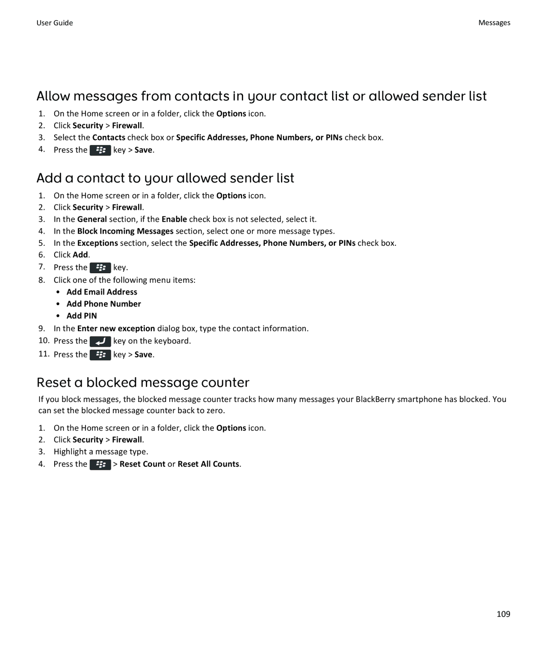 Blackberry 9360, 9350 Add a contact to your allowed sender list, Reset a blocked message counter, Click Security Firewall 