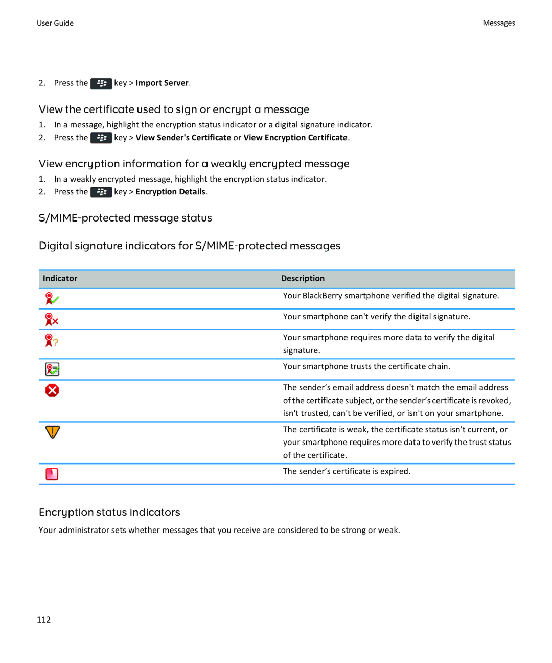 Blackberry 9360, 9350, 9370 manual View the certificate used to sign or encrypt a message, Encryption status indicators 