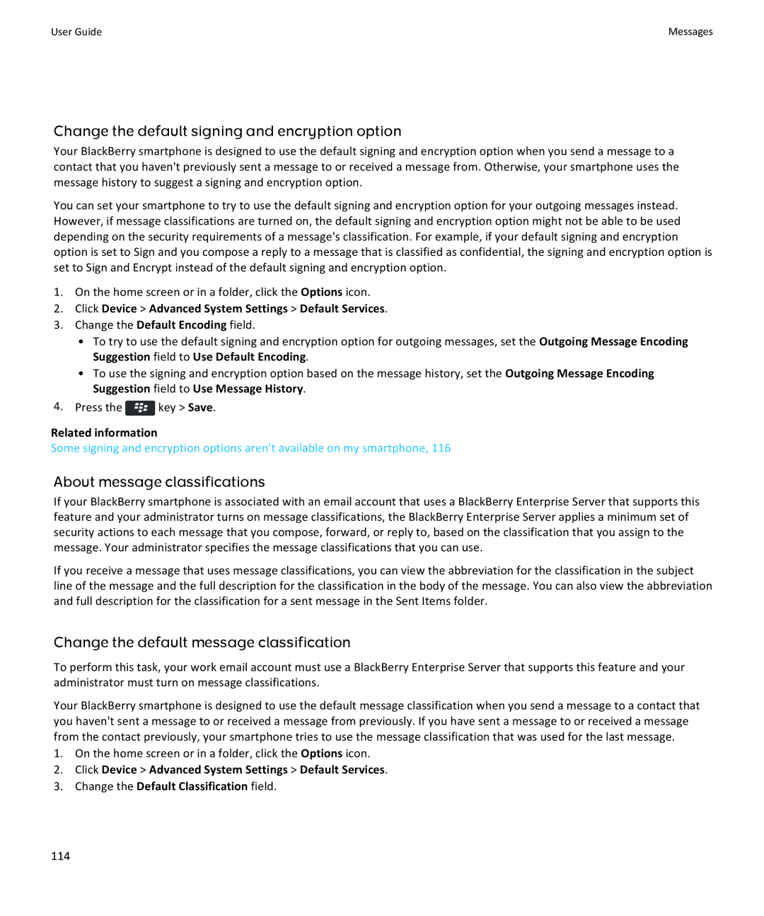 Blackberry 9370, 9360, 9350 manual Change the default signing and encryption option, About message classifications, 114 