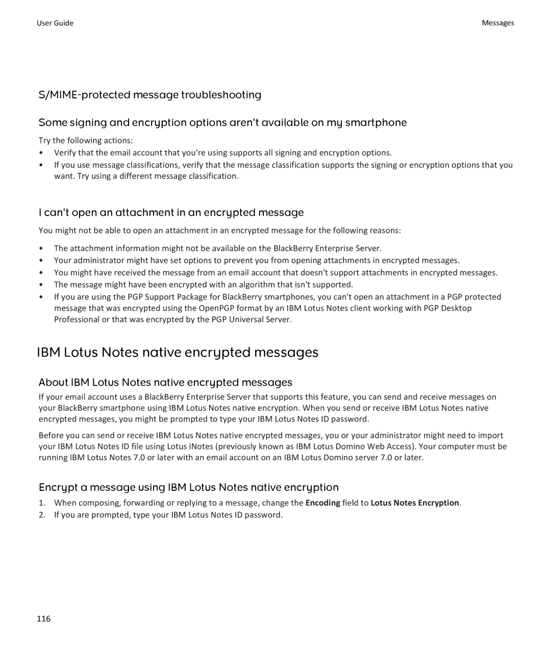 Blackberry 9350, 9360, 9370 manual IBM Lotus Notes native encrypted messages, Cant open an attachment in an encrypted message 