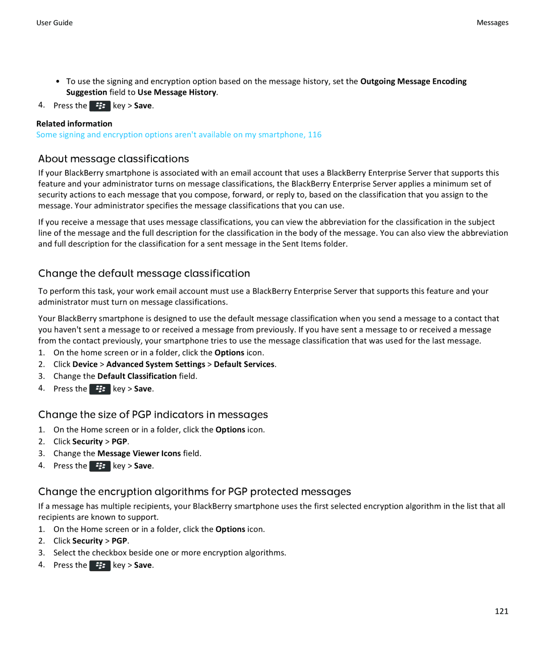 Blackberry 9360 Change the size of PGP indicators in messages, Change the encryption algorithms for PGP protected messages 