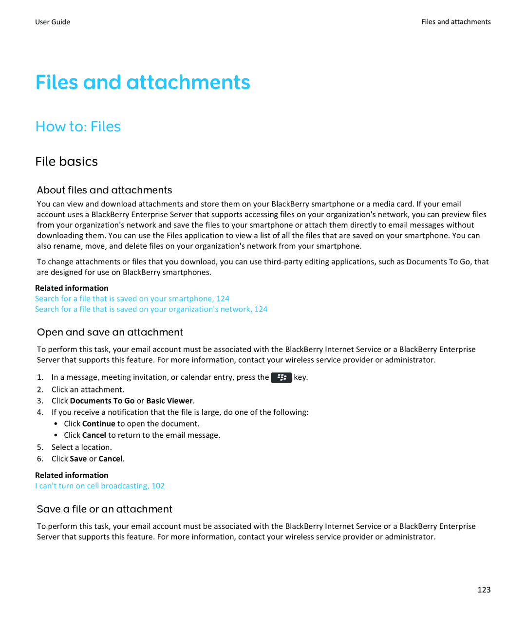 Blackberry 9370, 9360, 9350 manual Files and attachments, How to Files, File basics, 123 