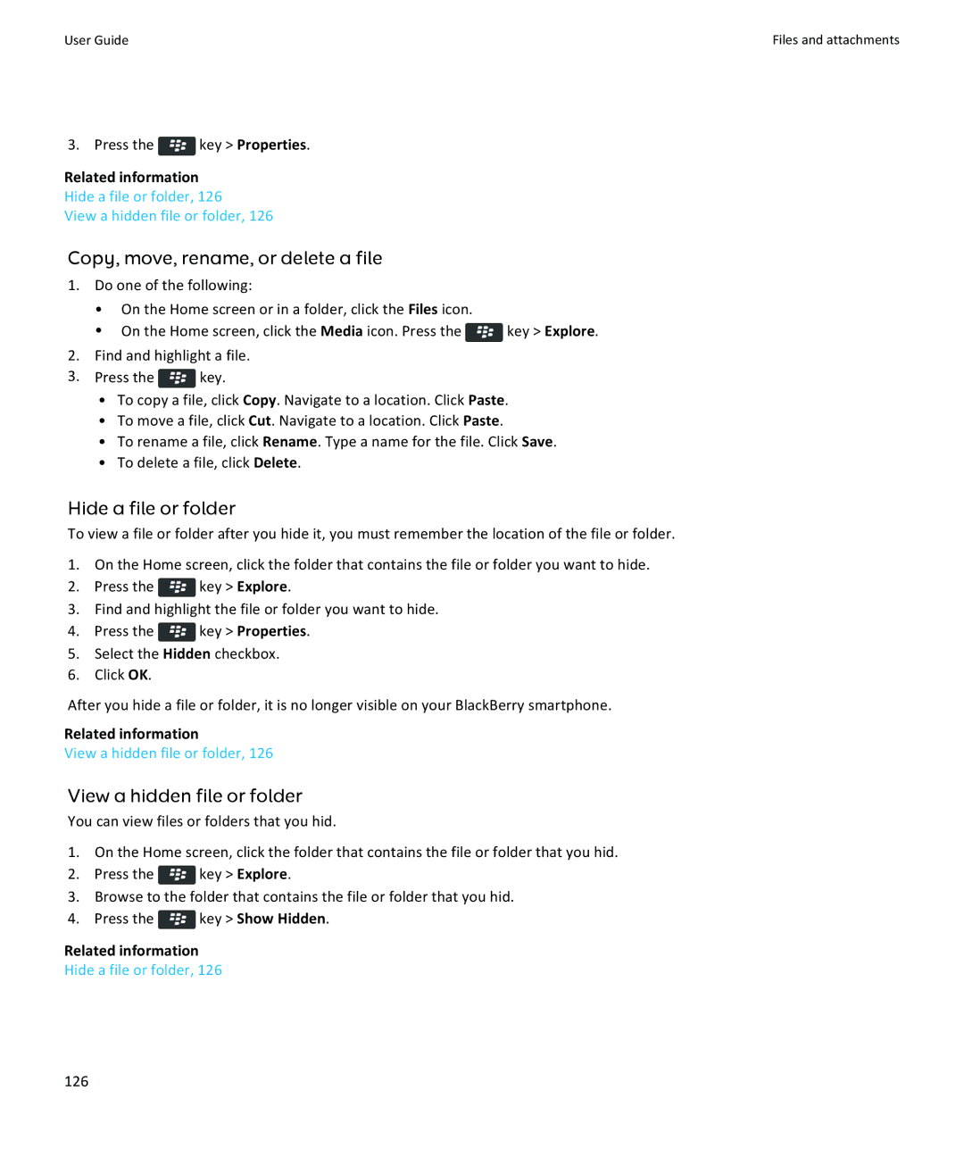 Blackberry 9370, 9360, 9350 Copy, move, rename, or delete a file, Hide a file or folder, View a hidden file or folder, 126 