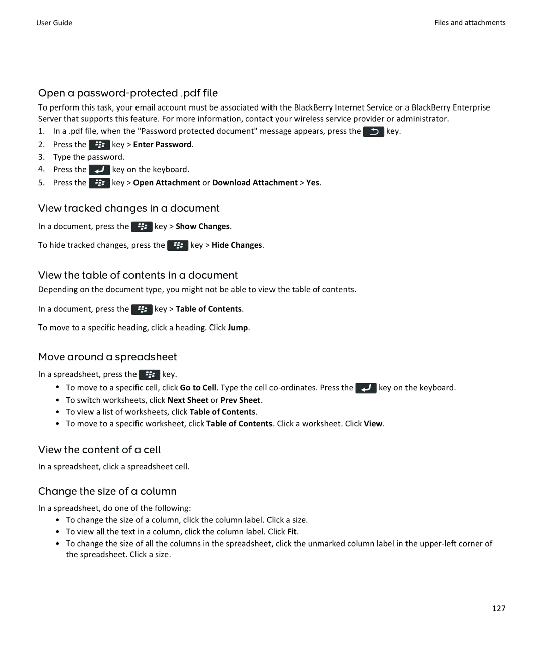 Blackberry 9360 View tracked changes in a document, View the table of contents in a document, Move around a spreadsheet 