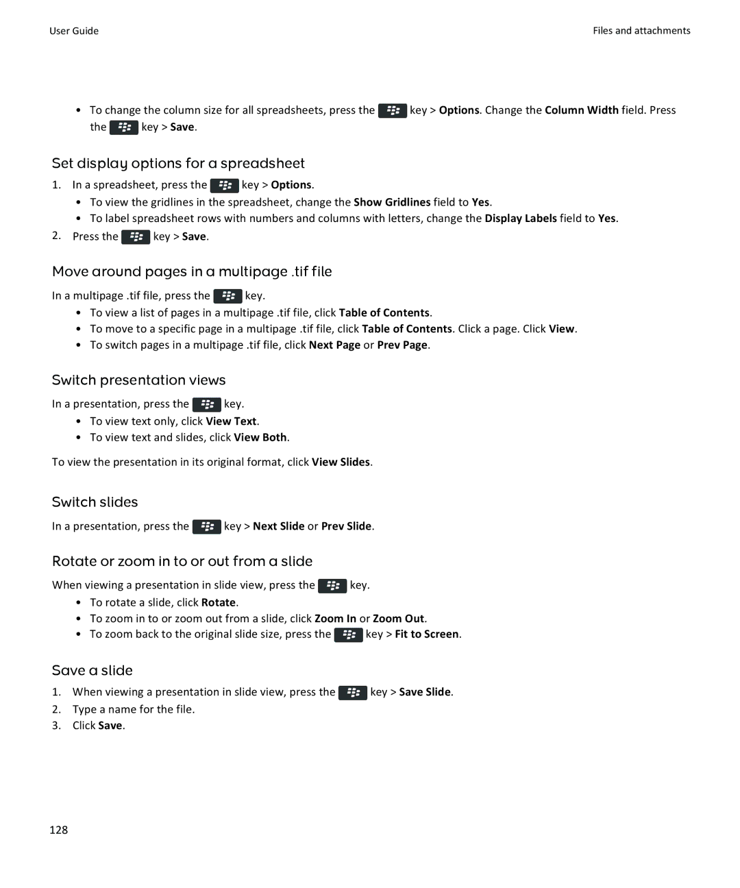 Blackberry 9350, 9360 Set display options for a spreadsheet, Move around pages in a multipage .tif file, Switch slides 