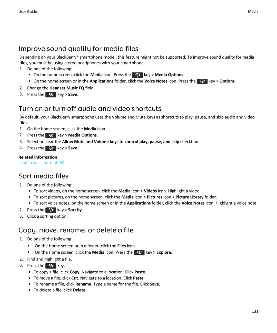 Blackberry 9350 Improve sound quality for media files, Turn on or turn off audio and video shortcuts, Sort media files 