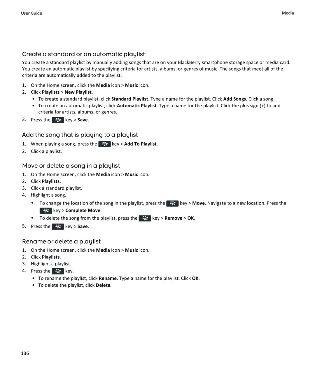 Blackberry 9360, 9350, 9370 manual Create a standard or an automatic playlist, Add the song that is playing to a playlist 
