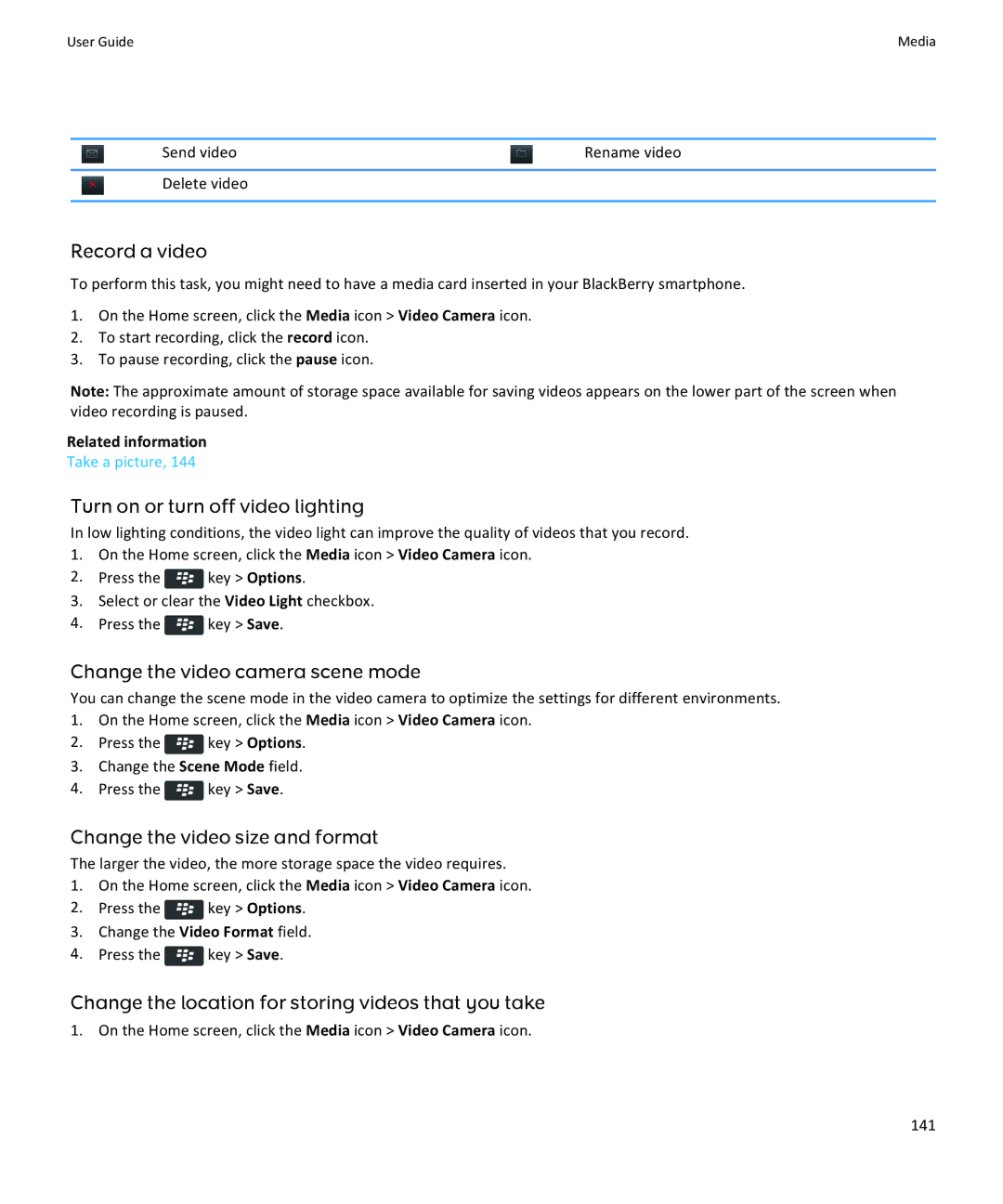 Blackberry 9370, 9360, 9350 manual Record a video, Turn on or turn off video lighting, Change the video camera scene mode 