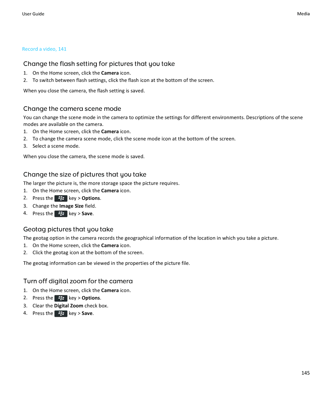 Blackberry 9360, 9350, 9370 manual Change the flash setting for pictures that you take, Change the camera scene mode 