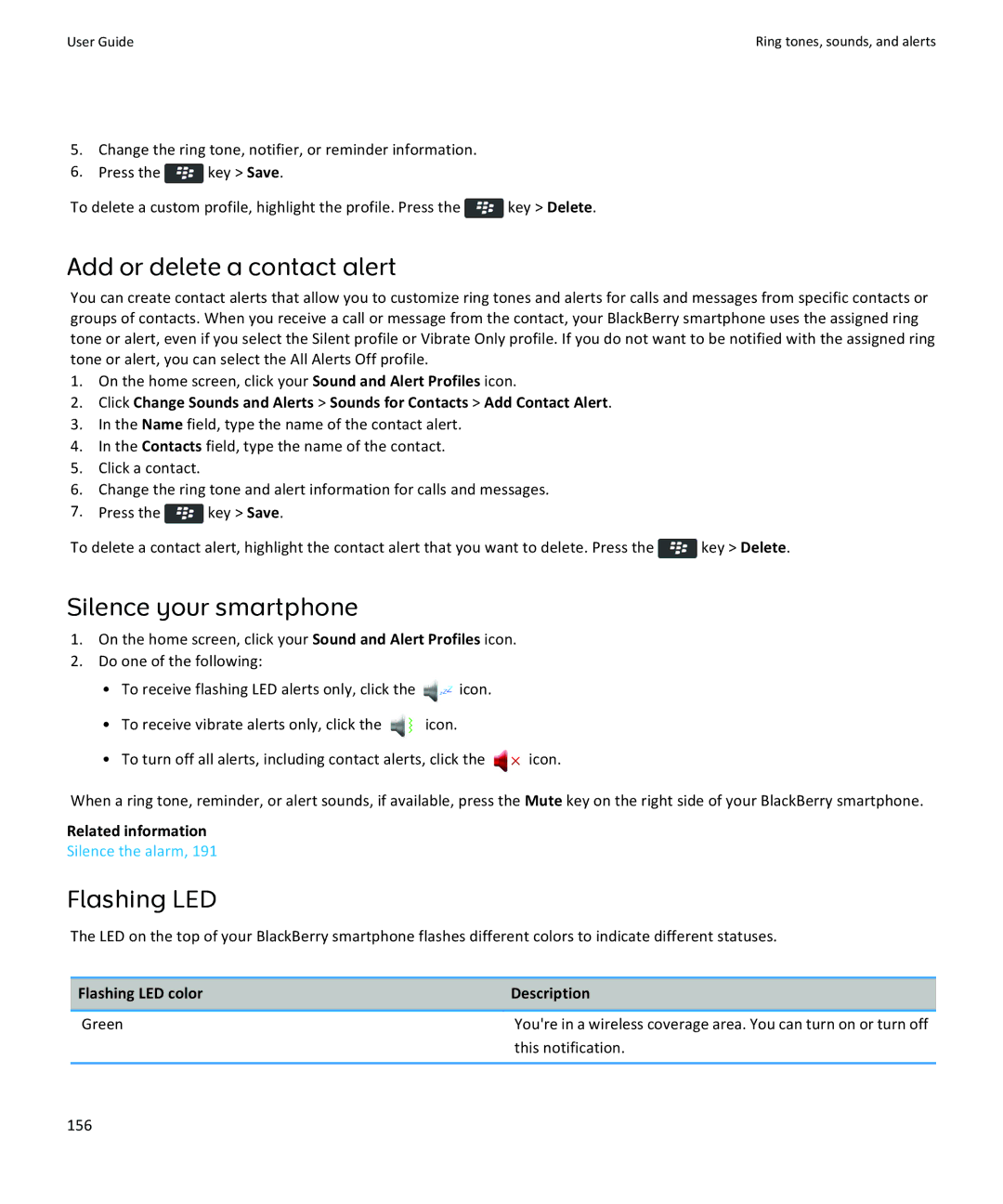 Blackberry 9370, 9360, 9350 manual Silence your smartphone, Flashing LED color Description Green, This notification, 156 