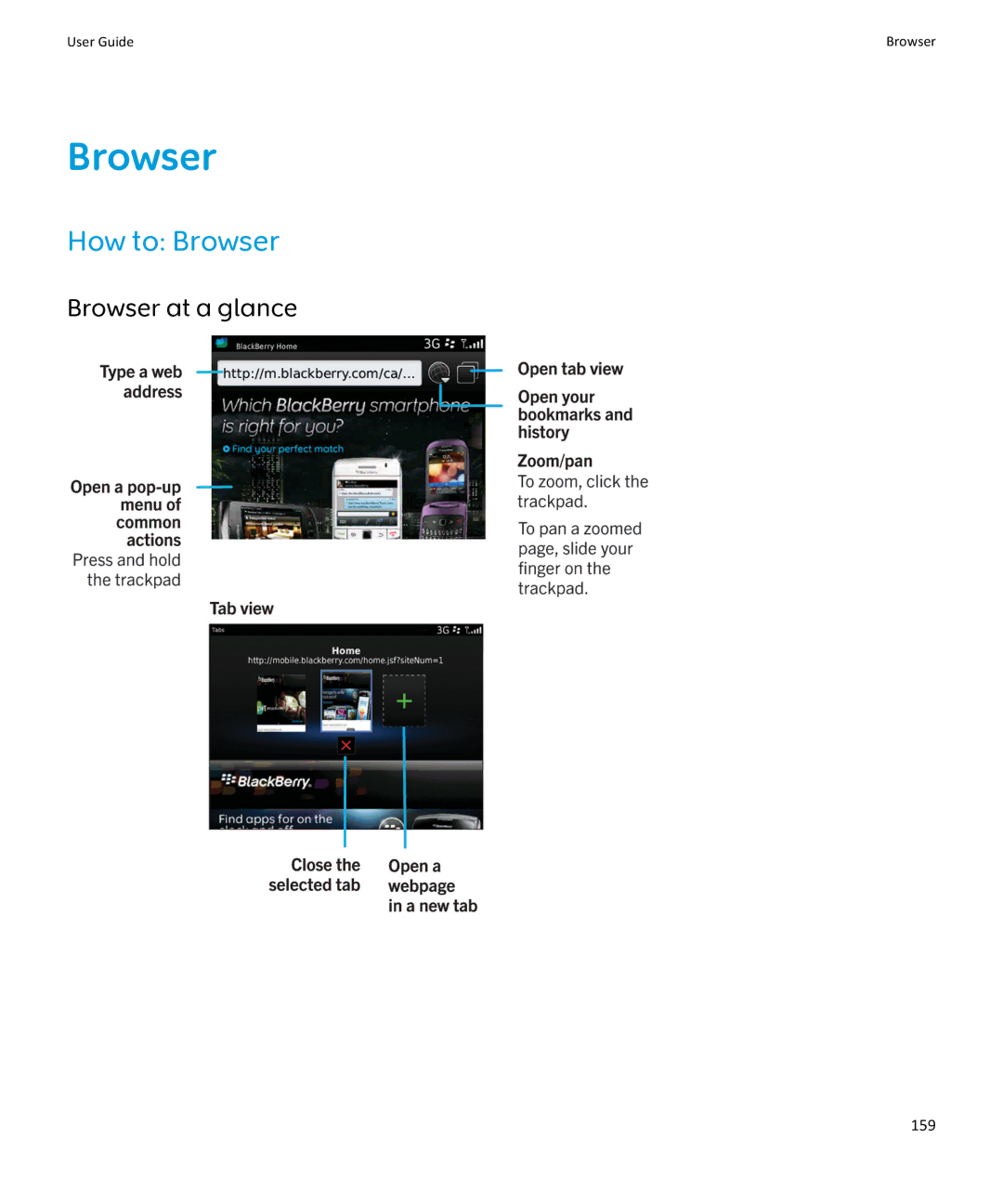 Blackberry 9370, 9360, 9350 manual How to Browser, Browser at a glance, 159 