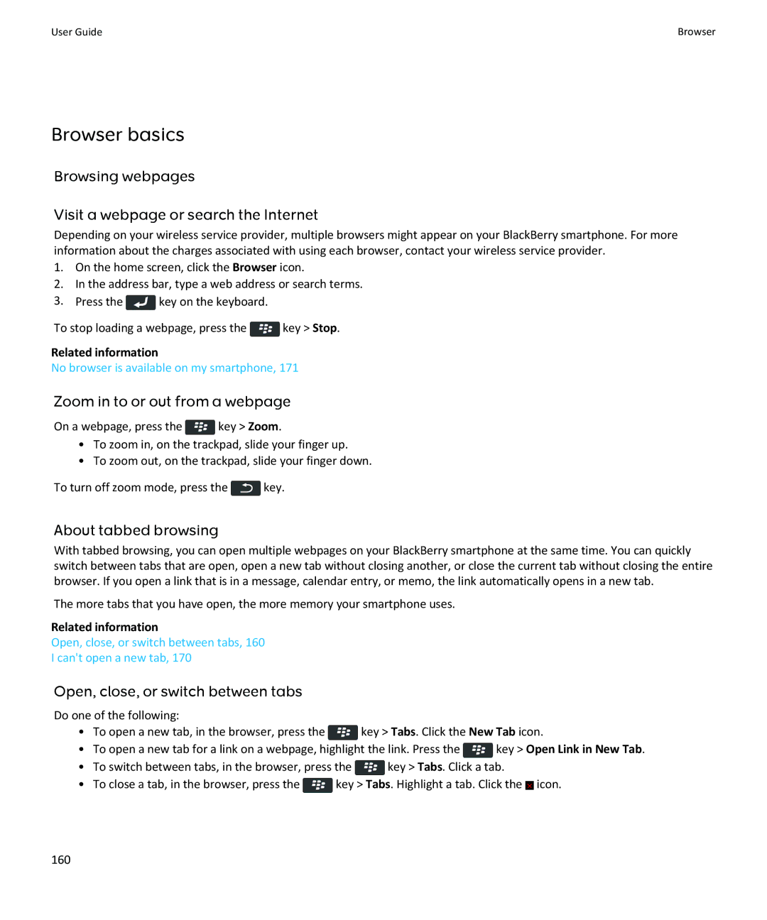 Blackberry 9360 Browser basics, Browsing webpages Visit a webpage or search the Internet, Zoom in to or out from a webpage 