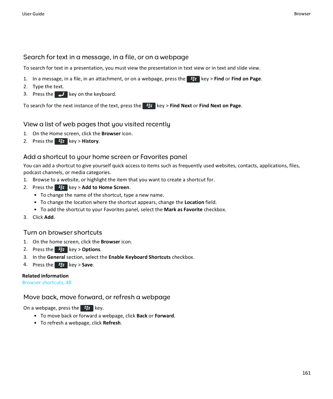 Blackberry 9350, 9360, 9370 manual Search for text in a message, in a file, or on a webpage, Turn on browser shortcuts 