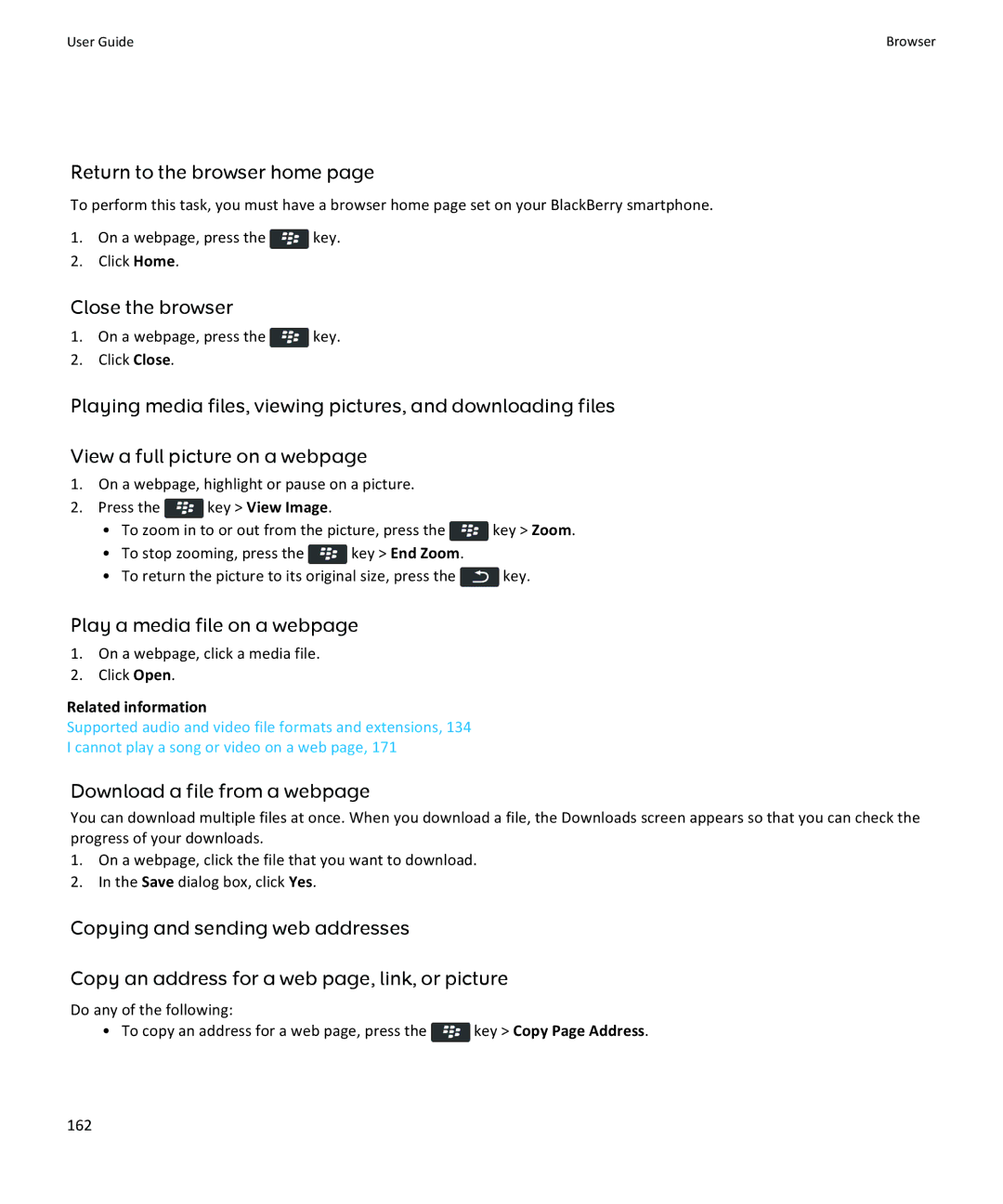 Blackberry 9370, 9360, 9350 manual Return to the browser home, Close the browser, Play a media file on a webpage 