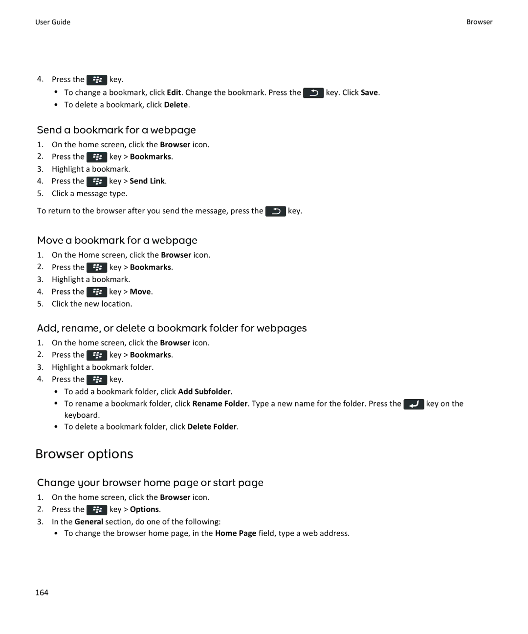 Blackberry 9350, 9360, 9370 manual Browser options, Send a bookmark for a webpage, Move a bookmark for a webpage 