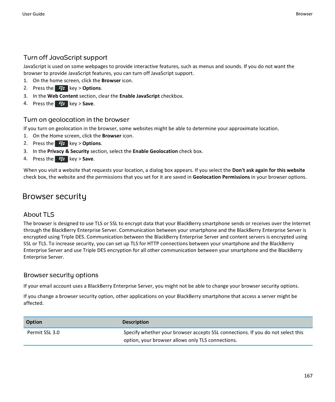 Blackberry 9350, 9360, 9370 Browser security, Turn off JavaScript support, Turn on geolocation in the browser, About TLS 