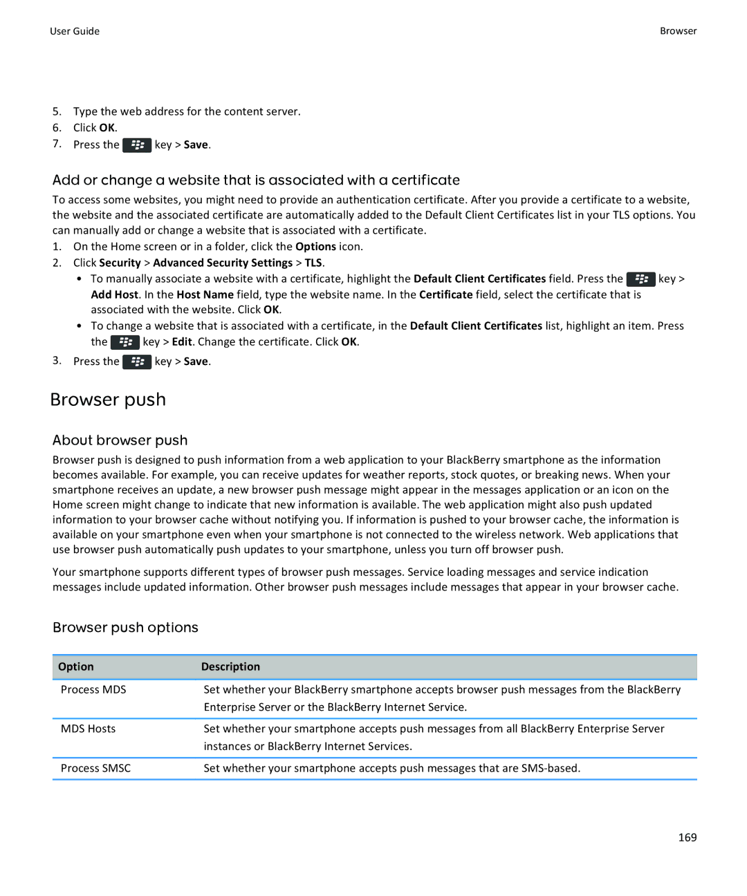 Blackberry 9360, 9350, 9370 manual About browser push, Browser push options 