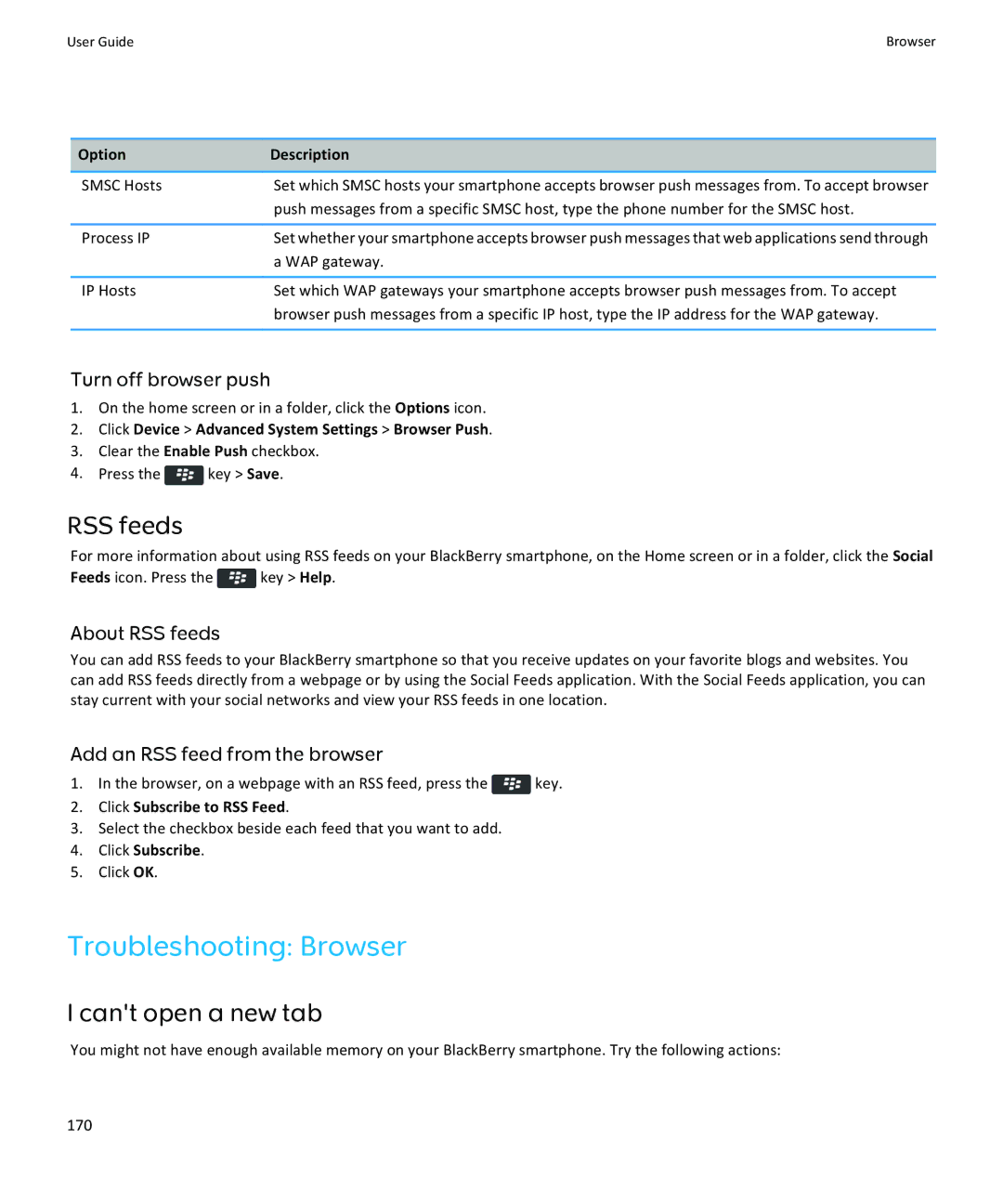 Blackberry 9350, 9360, 9370 manual Troubleshooting Browser, RSS feeds, Cant open a new tab 