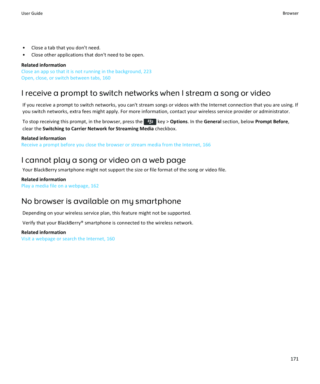 Blackberry 9370, 9360, 9350 manual Cannot play a song or video on a web, No browser is available on my smartphone, 171 