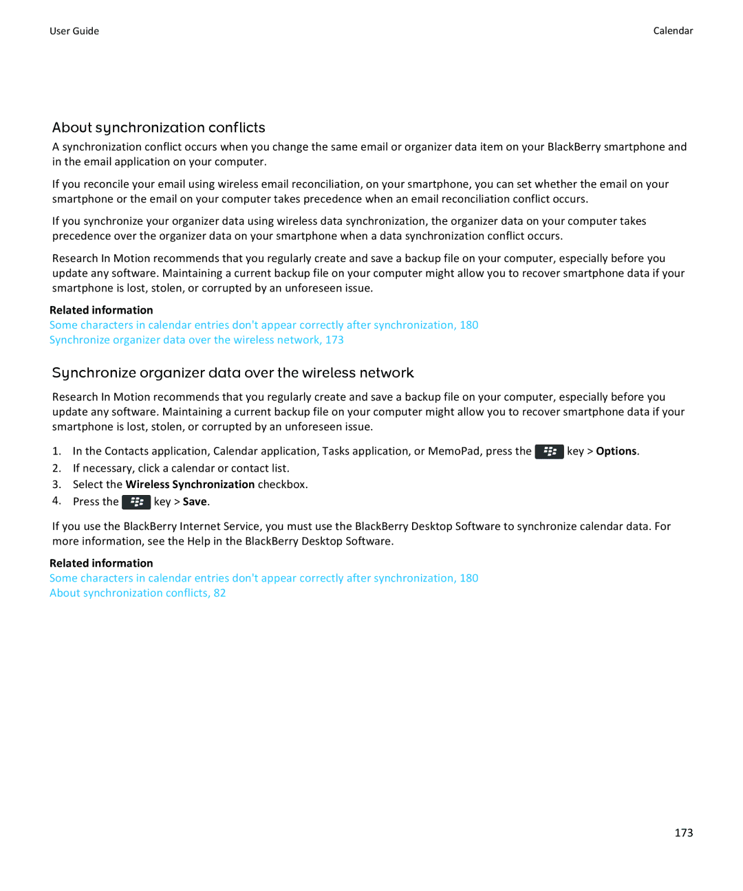 Blackberry 9350 Synchronize organizer data over the wireless network, Select the Wireless Synchronization checkbox, 173 