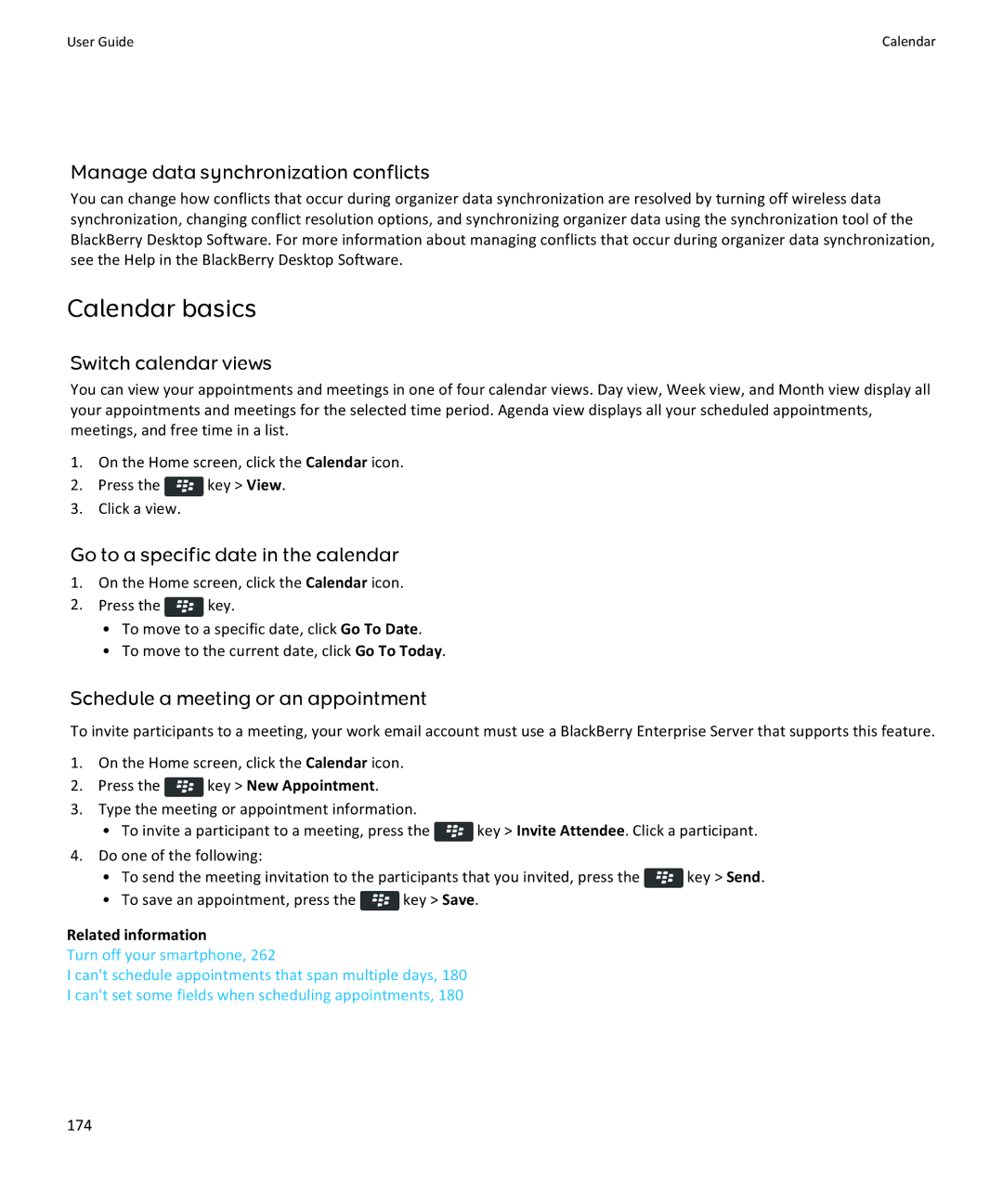 Blackberry 9370, 9360, 9350 manual Calendar basics, Manage data synchronization conflicts, Switch calendar views 