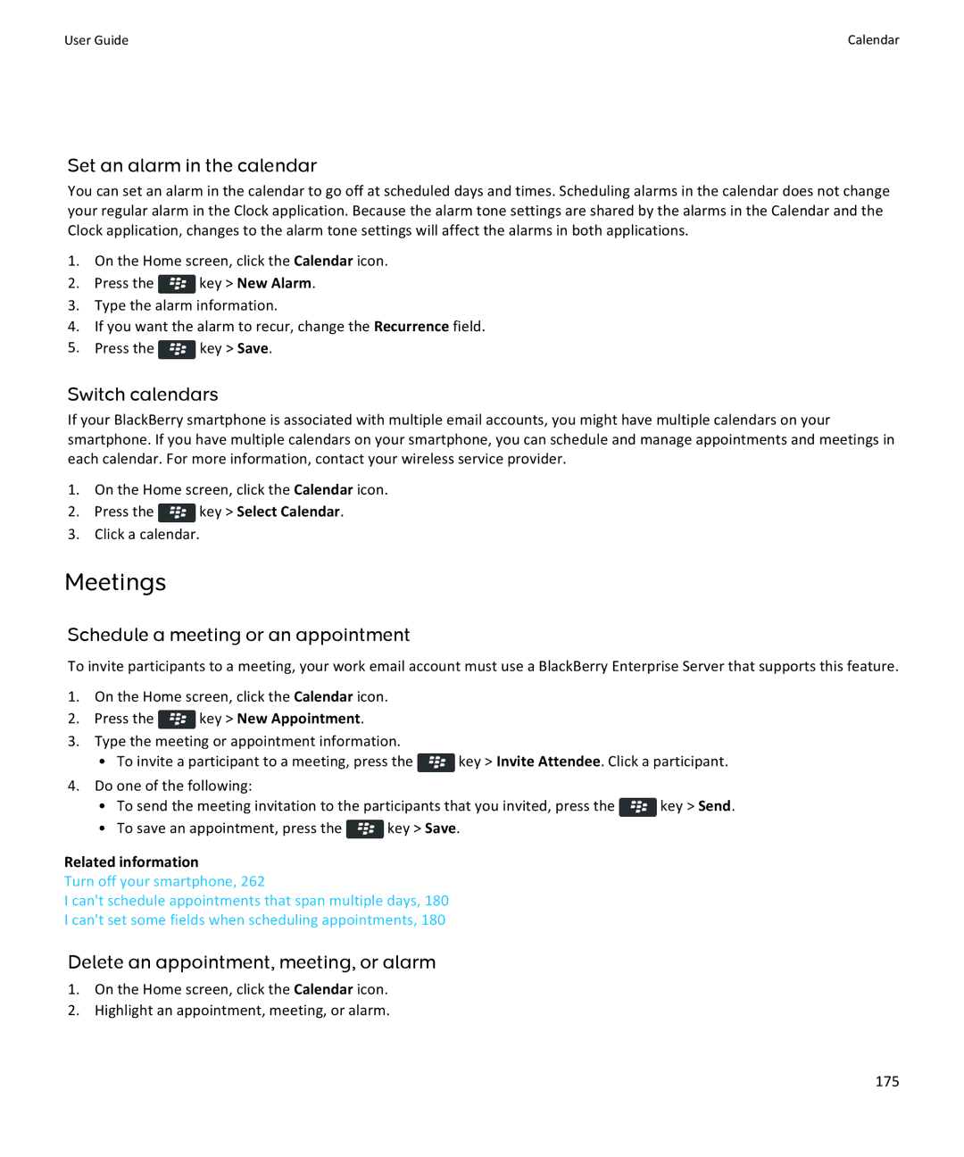 Blackberry 9360, 9350 Meetings, Set an alarm in the calendar, Switch calendars, Delete an appointment, meeting, or alarm 