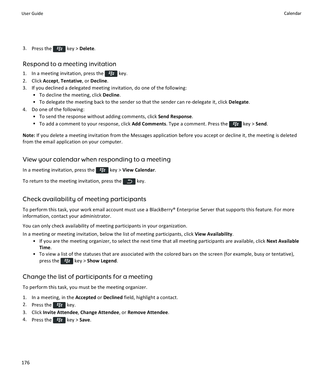 Blackberry 9350, 9360, 9370 manual Respond to a meeting invitation, View your calendar when responding to a meeting 