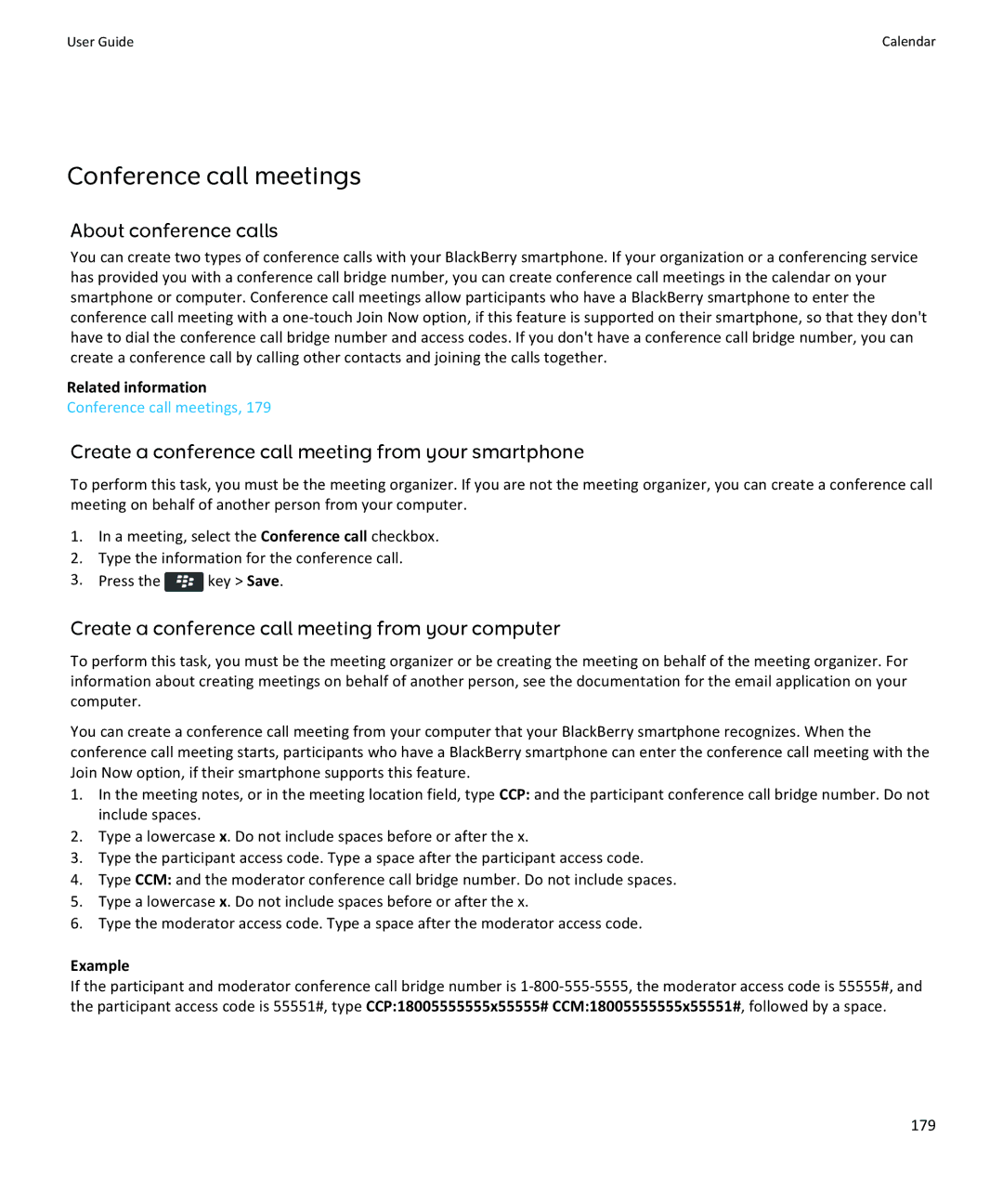 Blackberry 9350, 9360, 9370 Conference call meetings, Create a conference call meeting from your smartphone, Example, 179 