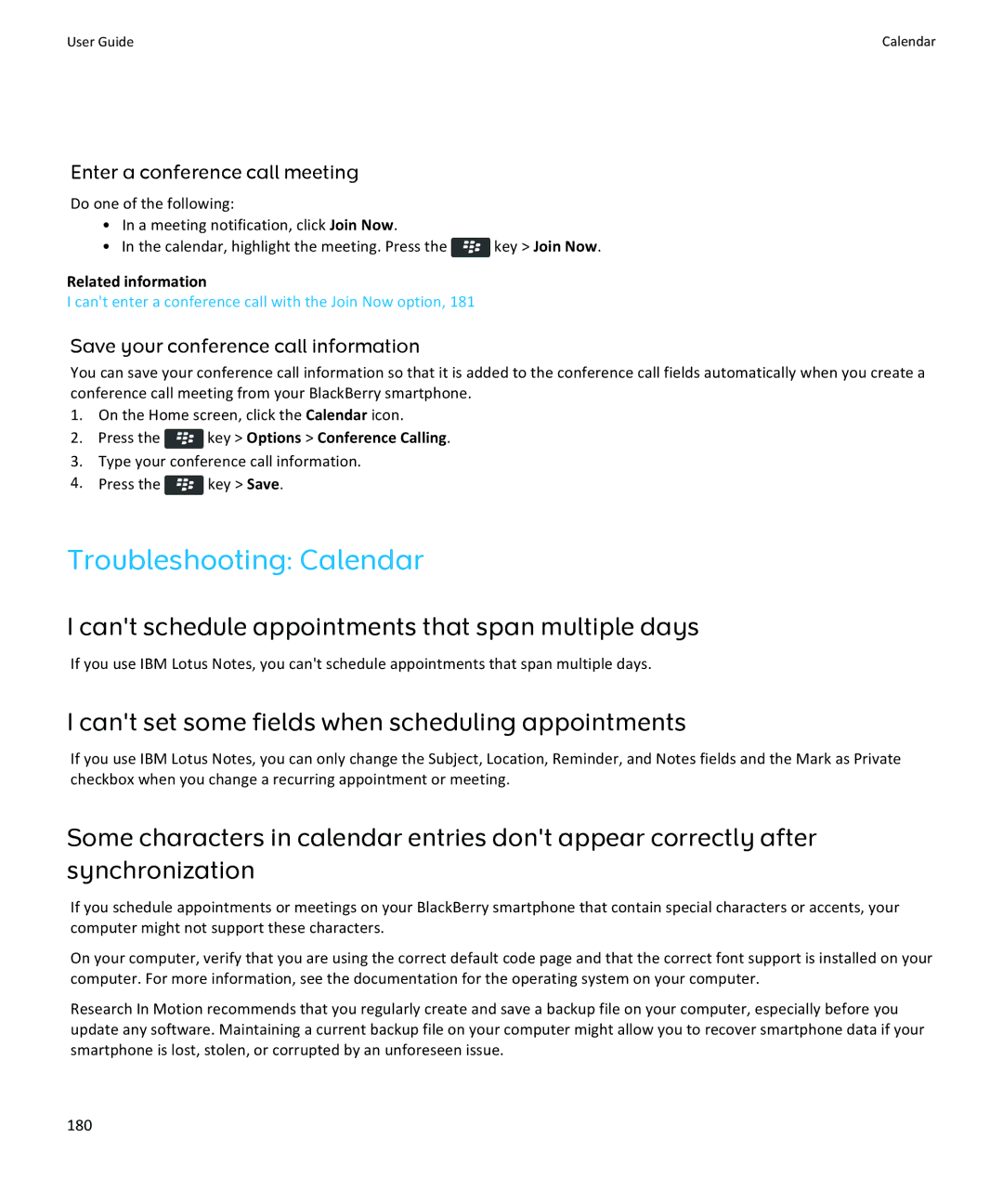 Blackberry 9370, 9360, 9350 manual Troubleshooting Calendar, Cant schedule appointments that span multiple days 