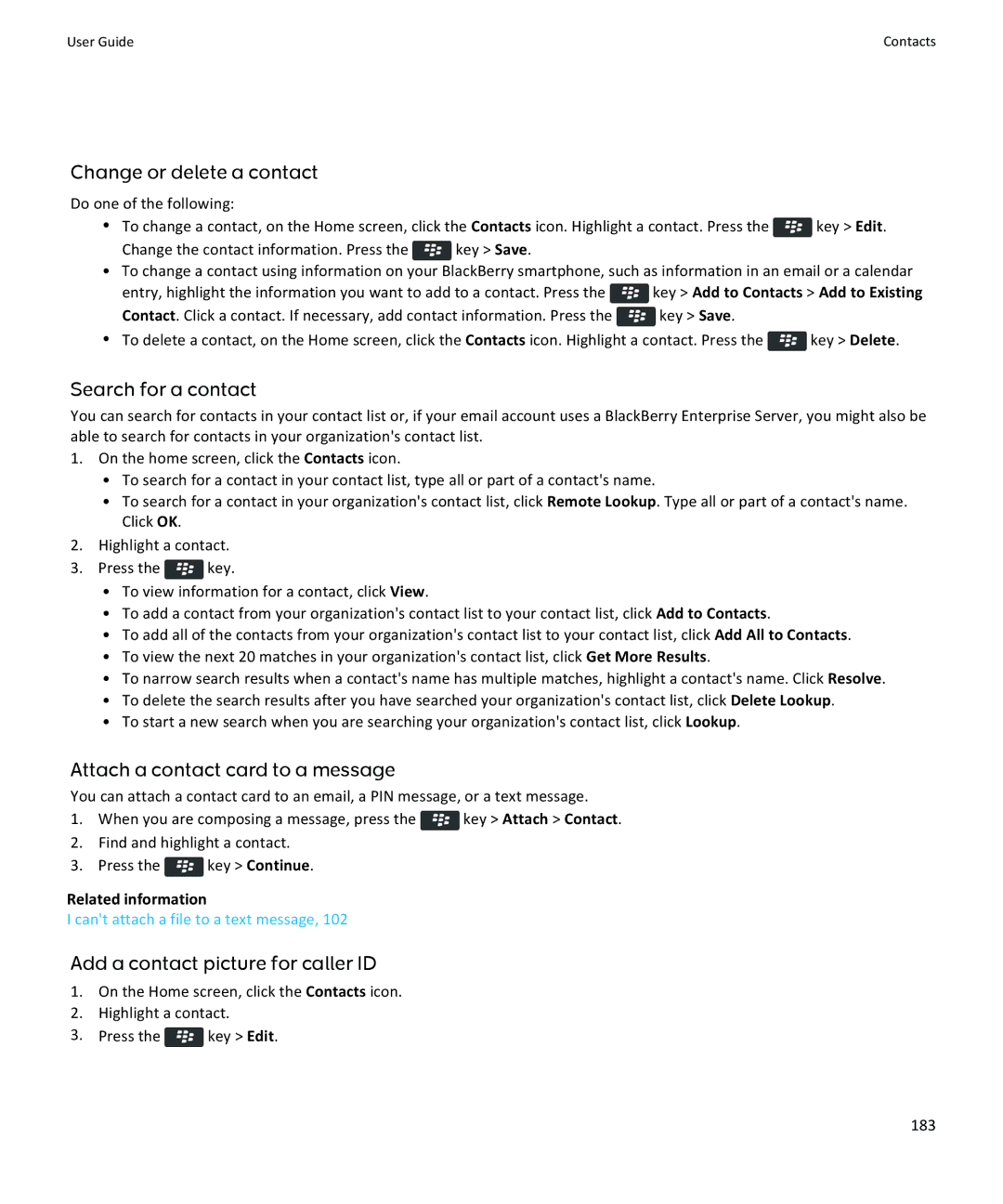 Blackberry 9370, 9360, 9350 manual Change or delete a contact, Search for a contact, Add a contact picture for caller ID 