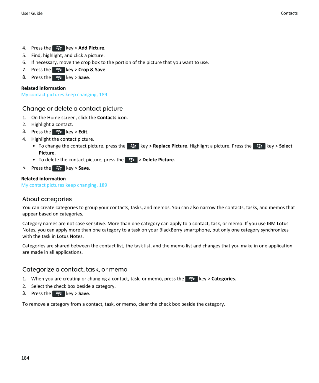 Blackberry 9360, 9350, 9370 manual Change or delete a contact picture, About categories, Categorize a contact, task, or memo 