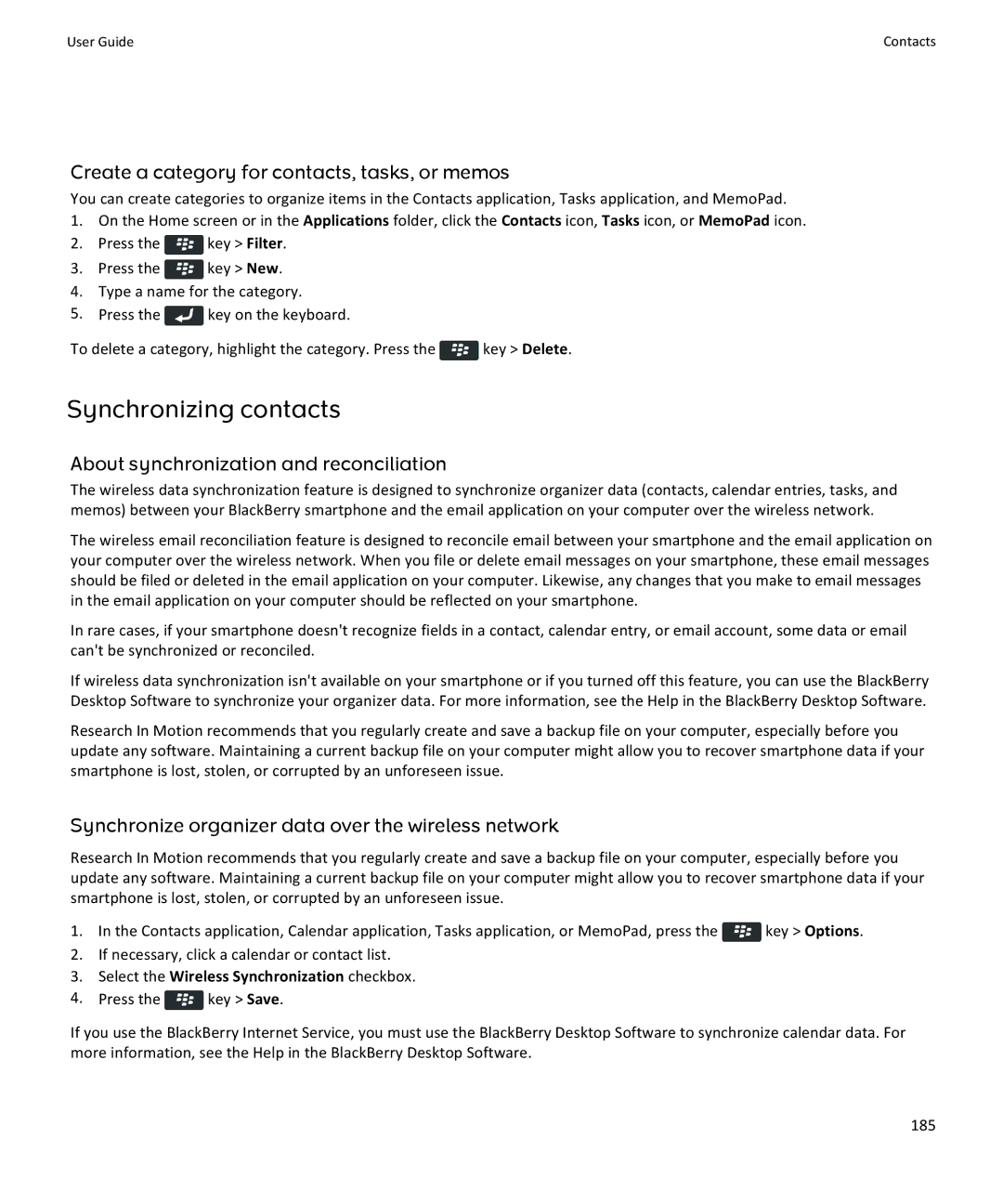 Blackberry 9350, 9360, 9370 manual Synchronizing contacts, Create a category for contacts, tasks, or memos 