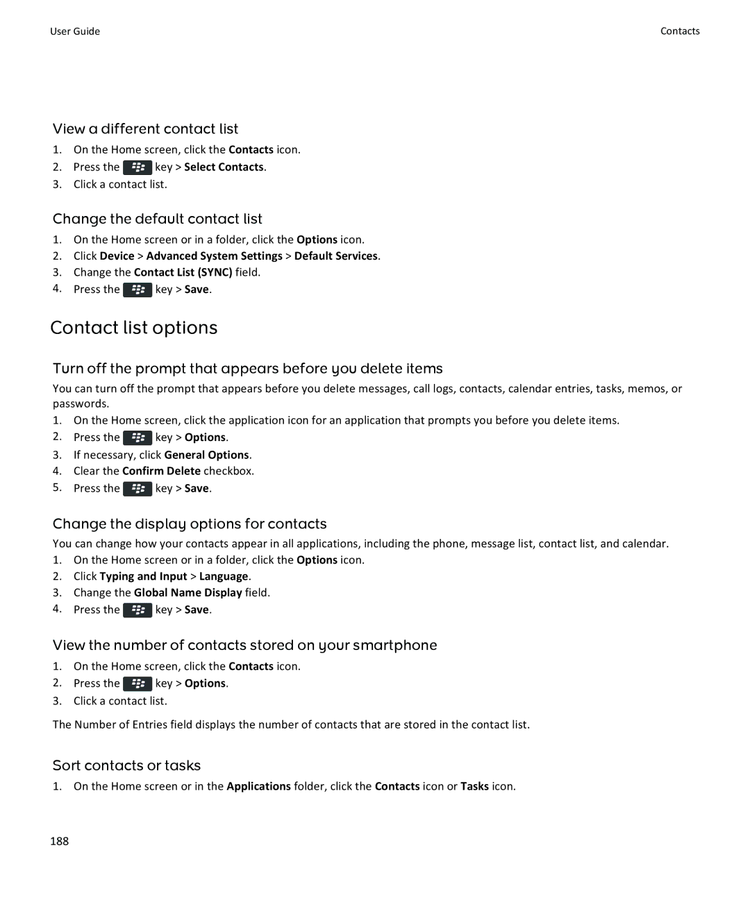 Blackberry 9350, 9360, 9370 manual Contact list options 