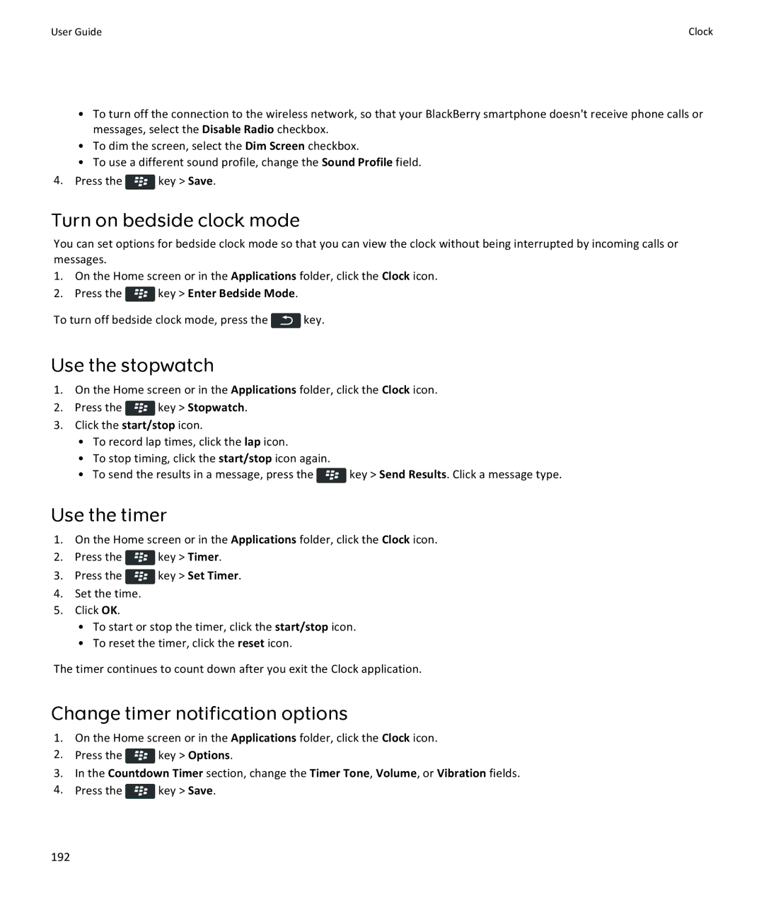 Blackberry 9370, 9360, 9350 Turn on bedside clock mode, Use the stopwatch, Use the timer, Change timer notification options 