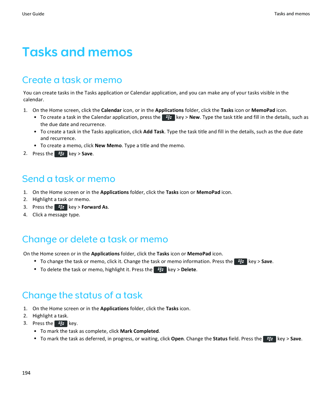 Blackberry 9350, 9360, 9370 Tasks and memos, Create a task or memo, Send a task or memo, Change or delete a task or memo 