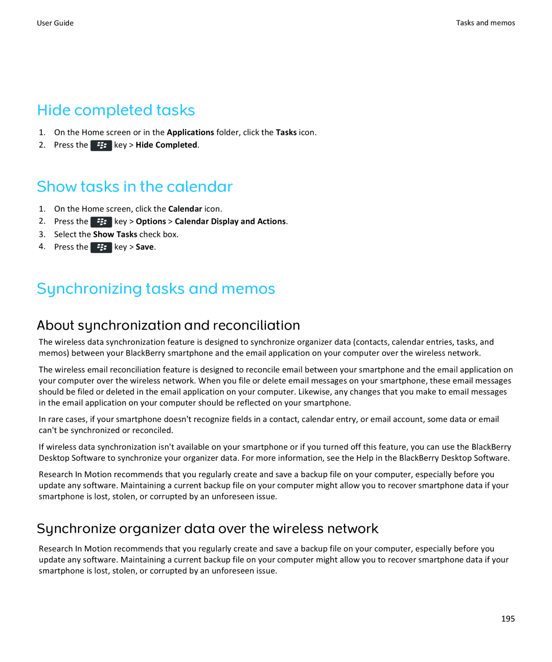 Blackberry 9370, 9360, 9350 manual Hide completed tasks, Show tasks in the calendar, Synchronizing tasks and memos 