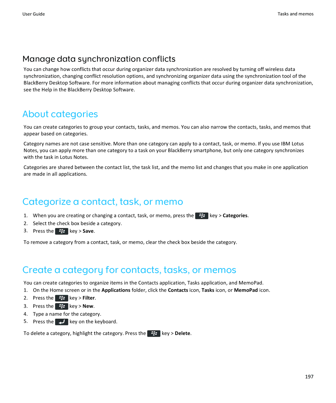 Blackberry 9350 About categories, Categorize a contact, task, or memo, Create a category for contacts, tasks, or memos 